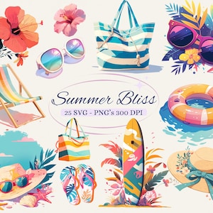 Images de bonheur estival pour projet créatif, accessoires de plage graphiques aux couleurs du coucher du soleil, fabrication de cartes, scrapbooking, sublimation, éphémères