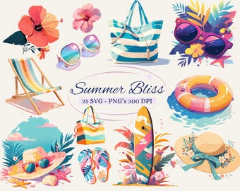May include: A collection of watercolor illustrations featuring summer-themed items. Includes a beach bag, sunglasses, a beach chair, a surfboard, a sun hat, and a life preserver. The text "Summer Bliss" is also present.