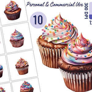 Delizioso set di clipart di cupcake al cioccolato per progetti creativi, granella colorata, dessert, creazione di biglietti, collage, scrapbooking, licenza gratuita