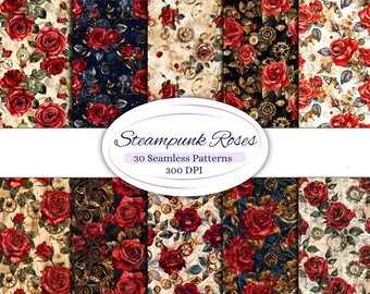 May include: A set of 30 digital seamless patterns featuring red roses, gears, and vintage textures in a steampunk style. The patterns are 300 DPI and perfect for crafting, scrapbooking, and digital design projects.