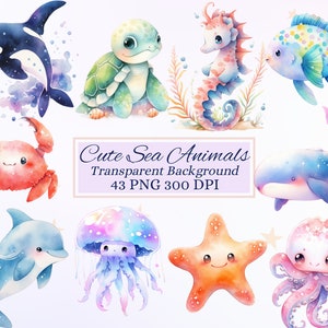 Niedliche Meerestiere Cliparts für kreatives Projekt, Marine Grafiken, Kinderzimmer Wandkunst, Kartenherstellung, Scrapbooking, Sublimation, Ephemera, PNG