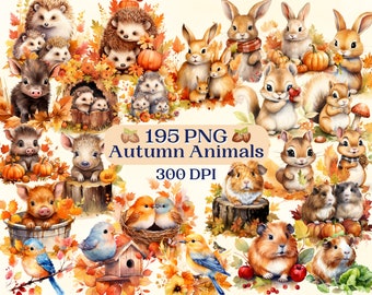 Autumn Animal Mega Bundle for Creative Projects, Fall Cute Animal Printable Designs, Digital Ephemera, Card Making, Scrapbooking, Wall Art