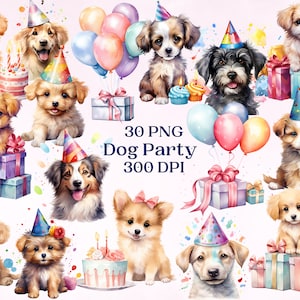 Clipart per feste con cani per progetti creativi, compleanni per amanti dei cani, materiale effimero digitale, creazione di biglietti, scrapbooking, decorazioni murali, sublimazione, inviti