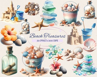 Beach Treasures Clipart Set for Creative Project, Summer Graphics, Beach Buckets and Sand Castles, Card Making, Scrapbooking, Sublimation