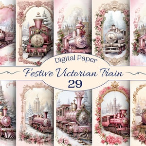 Tren victoriano festivo para scrapbooking y proyectos creativos, diseños navideños en rosa, imprimibles para diario basura, collage, material efímero digital