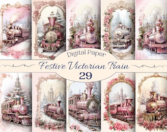 Festive Victorian Train for Scrapbooking and Creative Projects, Pink Christmas Designs, Junk Journal Printable, Collage, Digital Ephemera