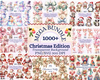 Christmas Edition 1000+ Clipart Set for Creative Projects, Xmas Winter Season Design, Mega Bundle Graphics, Watercolor Illustration, PNG SVG
