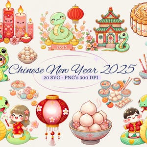 Pacchetto di clipart per il capodanno cinese 2025 per progetti creativi, capodanno lunare, simpatico serpente zodiacale, creazione di biglietti, scrapbooking, effimeri, PNG