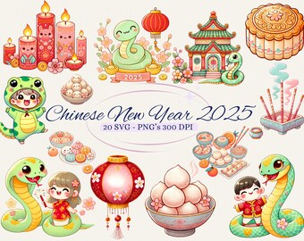 May include: A set of 20 digital illustrations for the Chinese New Year 2025. The illustrations feature a variety of traditional Chinese New Year symbols, including a red lantern, a snake, a dragon, a temple, and a lucky cat. The illustrations are in a cute, cartoon style and are perfect for use in greeting cards, invitations, and other festive projects.