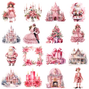 May include: A collection of pink and white Christmas illustrations featuring a variety of festive themes, including a Christmas tree, Father Christmas, a gingerbread house, a castle, and a fireplace.
