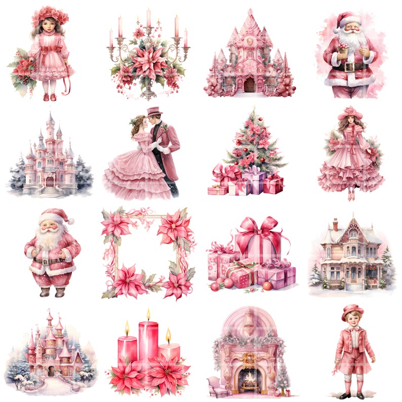 May include: A collection of pink and white Christmas illustrations featuring a variety of festive themes, including a Christmas tree, Father Christmas, a gingerbread house, a castle, and a fireplace.