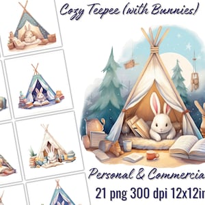 Puede incluir: Una ilustración digital de un tipi acogedor con un conejo blanco leyendo un libro en su interior. El tipi está decorado con tela azul y blanca y tiene un marco de madera. El conejo está sentado en una alfombra mullida con una taza de té y una pila de libros cerca. El fondo es una escena de bosque con árboles y estrellas.