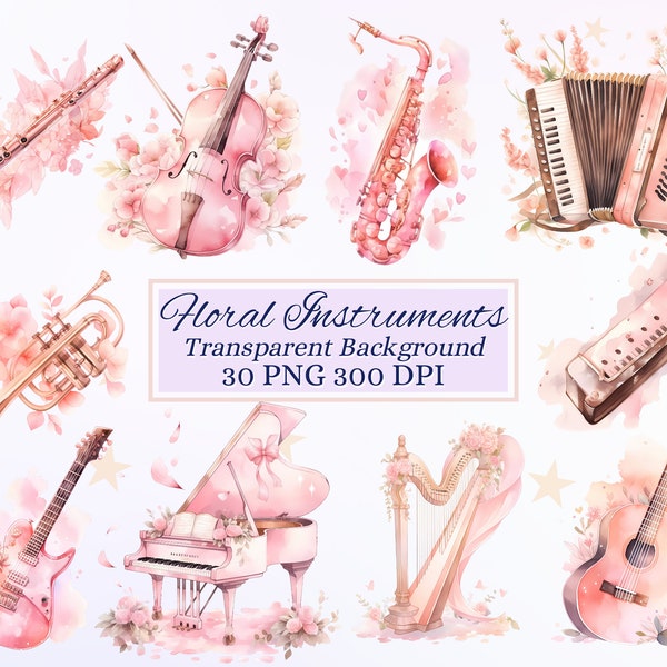 Floral Instruments Clipart Set for Creative Project, Pink Romantic, Music Lovers, Card Making, Scrapbooking, Sublimation, Ephemera, PNG