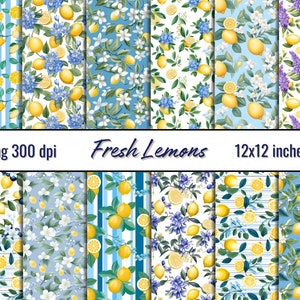 Ensemble de papier numérique citron frais avec fleurs pour projets créatifs, 12 PNG, motifs floraux, scrapbooking, artisanat en papier, collage, sublimation
