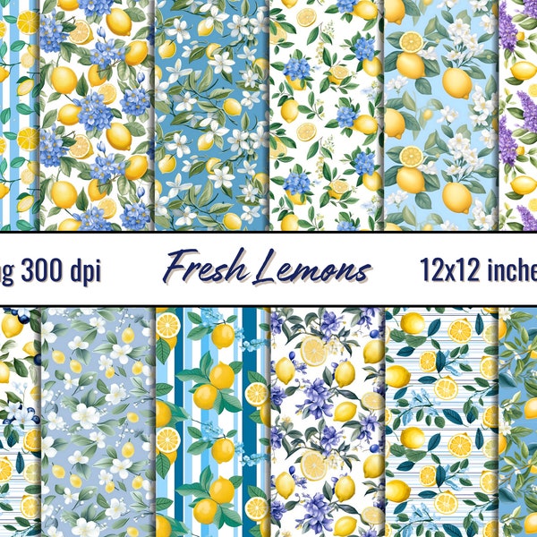 Ensemble de papier numérique citron frais avec fleurs pour projets créatifs, 12 PNG, motifs floraux, scrapbooking, artisanat en papier, collage, sublimation