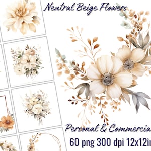Neutral Beige Flowers Clipart, 60 PNG, Watercolor Floral Design, Transparent background, Invitation, Wedding, Card Making, Scrapbooking