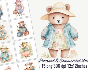 Spring Teddy Bear Clipart  - 15 PNG  - Watercolor - Wall Art - Nursery Decor - Digital Craft - Scrapbooking - Card Making - Commercial Use