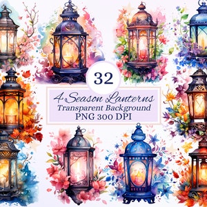 4 Season Lanterns Clipart Set for Creative Projetcs, Colorful Floral Natural Elements, Scrapbooking, Sublimation, Ephemera, Junk Journaling