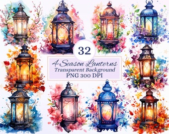 Zestaw 4 latających latarni Clipart do projektów kreatywnych, kolorowe kwiatowe elementy naturalne, scrapbooking, sublimacja, efemerydy, dzienniki śmieciowe