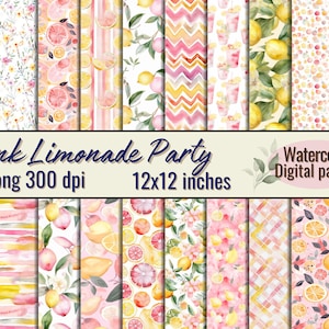 Papel Digital Fiesta Limonada Rosa - Acuarela - 20 PNG - Alta Calidad - Scrapbooking - Invitaciones - Decoración - Pegatinas - Uso Comercial
