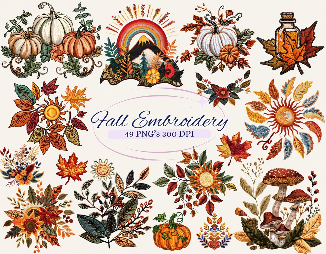 Autumn Inspired Embroidery Clipart Set for Creative Project, Fall ...