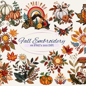 Ensemble de cliparts brodés inspirés de l'automne pour projet créatif, automne, citrouille et feuilles, motifs bohèmes, fabrication de cartes, sublimation graphique