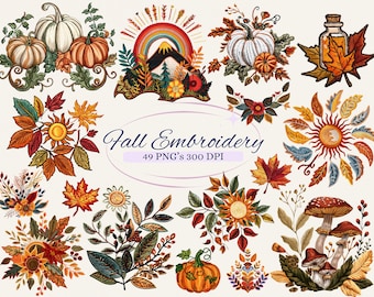 May include: A set of 49 fall-themed embroidery designs, including pumpkins, leaves, mushrooms, and a rainbow mountain. The designs are in a variety of colors, including orange, red, yellow, green, and brown. The designs are perfect for adding a touch of autumn to your crafts.