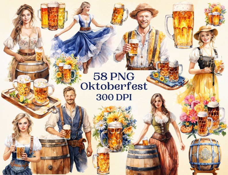 May include: A collection of 58 digital illustrations featuring Oktoberfest themes. The illustrations include people in traditional German clothing, beer steins, pretzels, and other festive elements. The illustrations are in a watercolor style and are perfect for creating invitations, cards, or other Oktoberfest-themed projects.