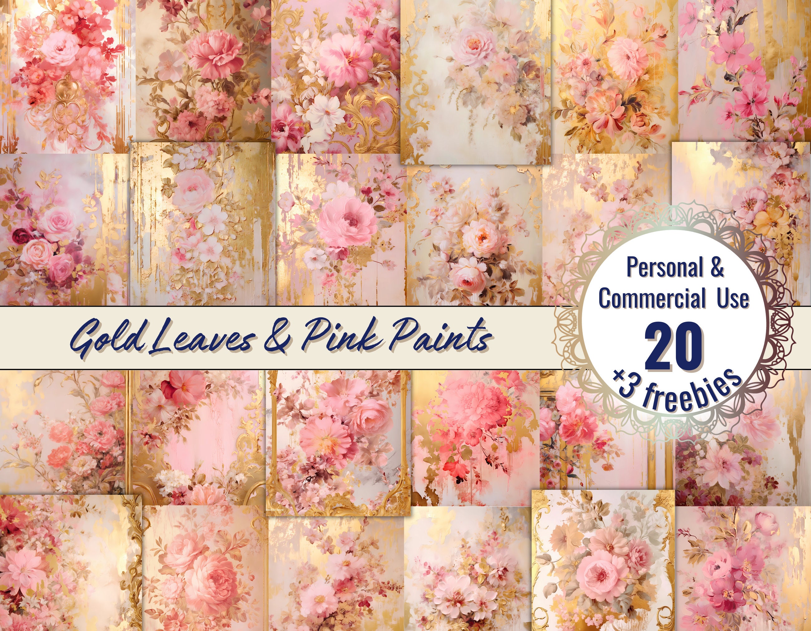 Gold Leaf and Pink Digital Pages for Scrapbooking and Creative Projects, Junk Journal Printable, Vintage Aesthetic, Collage, Ephemera