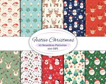 May include: A collection of Christmas-themed seamless patterns. The patterns feature Santa Claus faces, reindeer, snowmen, and Christmas trees on various colored backgrounds. The image includes the text "Festive Christmas" and "30 Seamless Patterns 300 DPI".