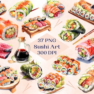 Clipart de aquarela para arte de sushi para projetos criativos, designs de frutos do mar, restaurante de sushi japonês, itens digitais, sublimação, scrapbooking