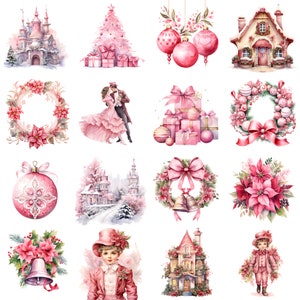 May include: A collection of watercolour illustrations featuring pink Christmas decorations, including a Christmas tree, baubles, wreaths, a gingerbread house, and a couple dancing. The illustrations are ideal for adding a touch of festive cheer to any project.