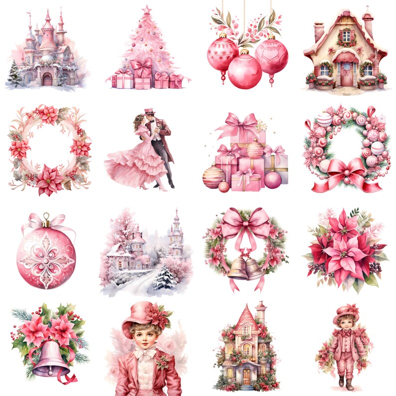 May include: A collection of watercolour illustrations featuring pink Christmas decorations, including a Christmas tree, baubles, wreaths, a gingerbread house, and a couple dancing. The illustrations are ideal for adding a touch of festive cheer to any project.