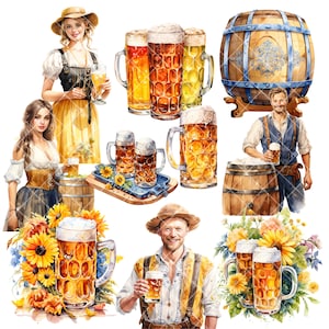 May include: A watercolor illustration of a variety of beer steins and mugs, some with floral accents, and a wooden barrel with a blue and white design. There are also illustrations of people in traditional German clothing, including a woman in a dirndl and a man in lederhosen.