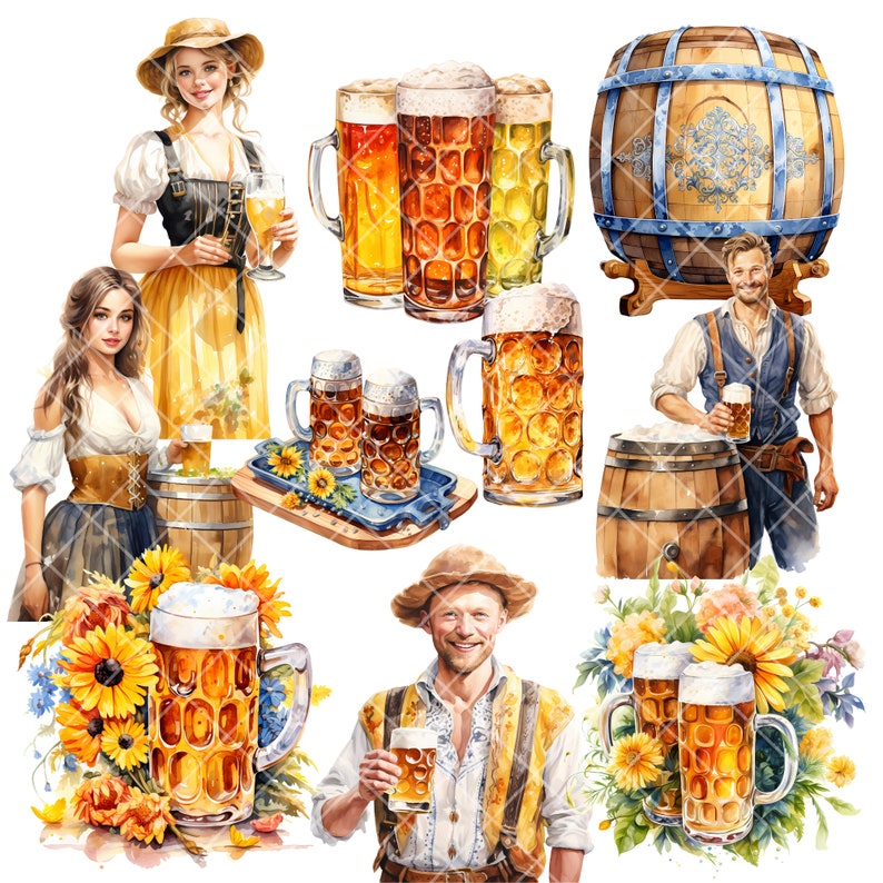 May include: A watercolor illustration of a variety of beer steins and mugs, some with floral accents, and a wooden barrel with a blue and white design. There are also illustrations of people in traditional German clothing, including a woman in a dirndl and a man in lederhosen.