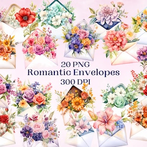 Enveloppes romantiques pour projets créatifs, motifs floraux cottagecore imprimables, documents éphémères numériques, fabrication de cartes, scrapbooking, sublimation