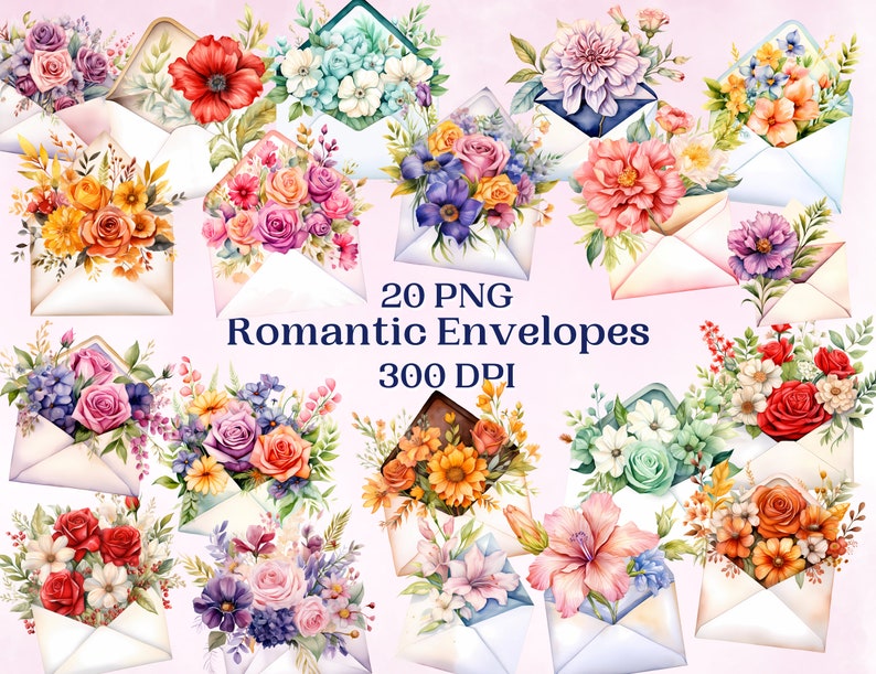 May include: Twenty watercolour illustrations of floral bouquets inside envelopes. The envelopes are white with a blue border. The flowers are in various colours, including pink, red, yellow, blue, and purple. The text "20 PNG Romantic Envelopes 300 DPI" is in the centre of the image.