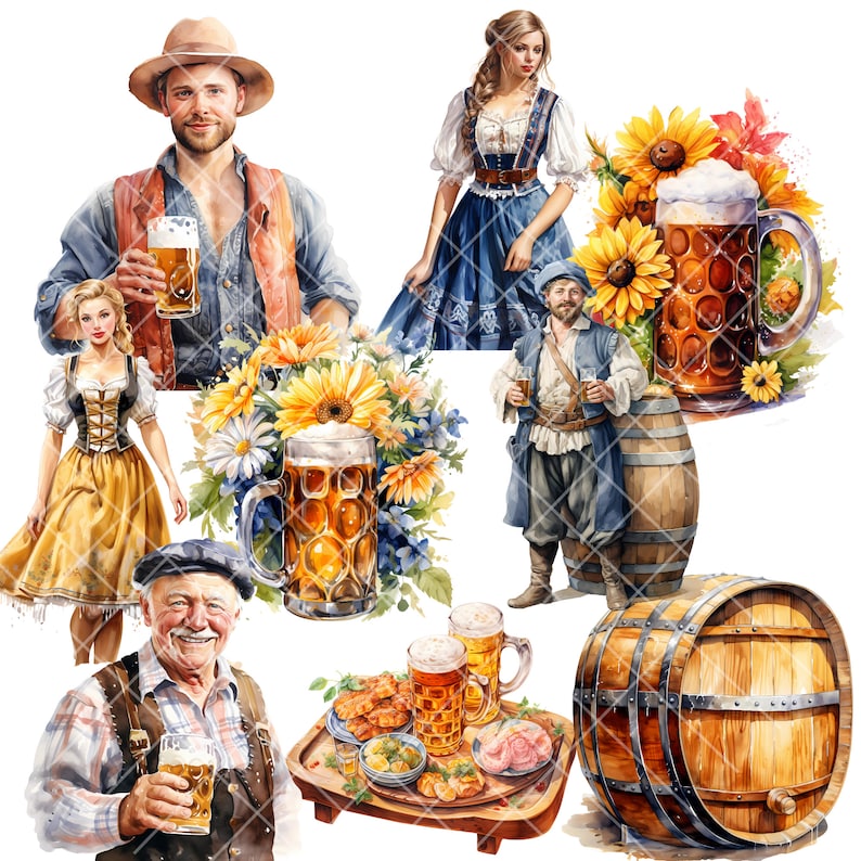 May include: A watercolor illustration of a group of people enjoying beer and food. There are two women, two men, and a wooden barrel. The women are wearing traditional German clothing. The men are wearing casual clothing. The food includes pretzels, sausages, and cheese. The beer is in mugs and steins.