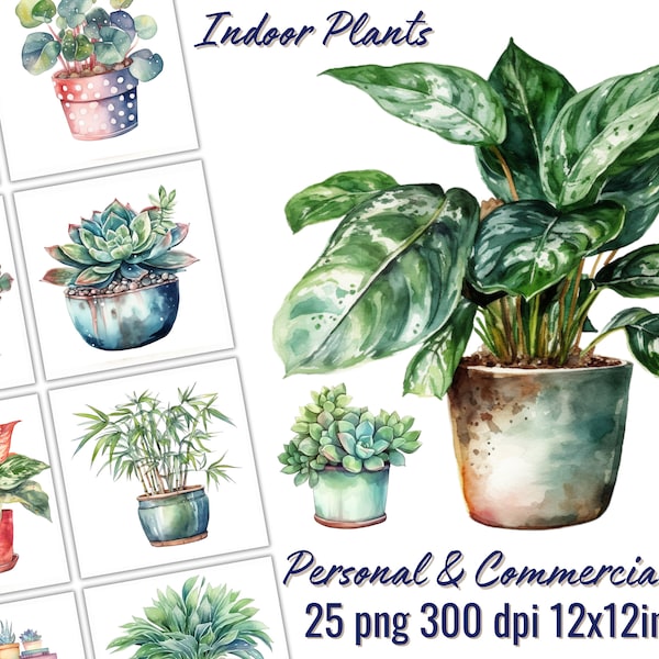 Watercolor Indoor Plant Clipart Set - 25 PNG - Transparent Background - Instant Digital Download - Design Projects - Commercial Use