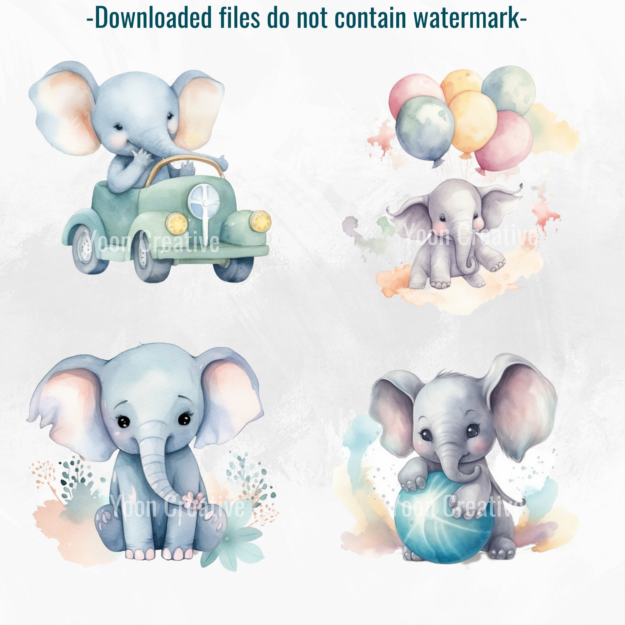 Adorable Elephant Watercolor Clipart Set - Baby Shower Bundle - 10 PNG ...