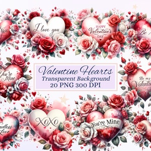 Imágenes prediseñadas de corazones de San Valentín para proyectos creativos, gráficos de San Valentín, diseño floral, creación de tarjetas, scrapbooking, sublimación, efímeras, PNG