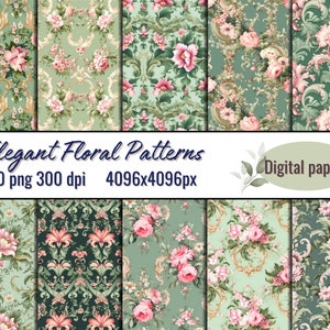 May include: Ten digital paper patterns featuring elegant floral designs in shades of pink and green. The patterns are seamless and can be used for a variety of projects, such as scrapbooking, card making, and digital design.