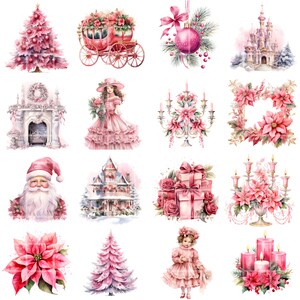 May include: A collection of 12 watercolour illustrations featuring pink and white Christmas decorations, including a Christmas tree, a carriage, a fireplace, a house, a poinsettia, a candelabra, a castle, a girl, a Father Christmas, and candles.