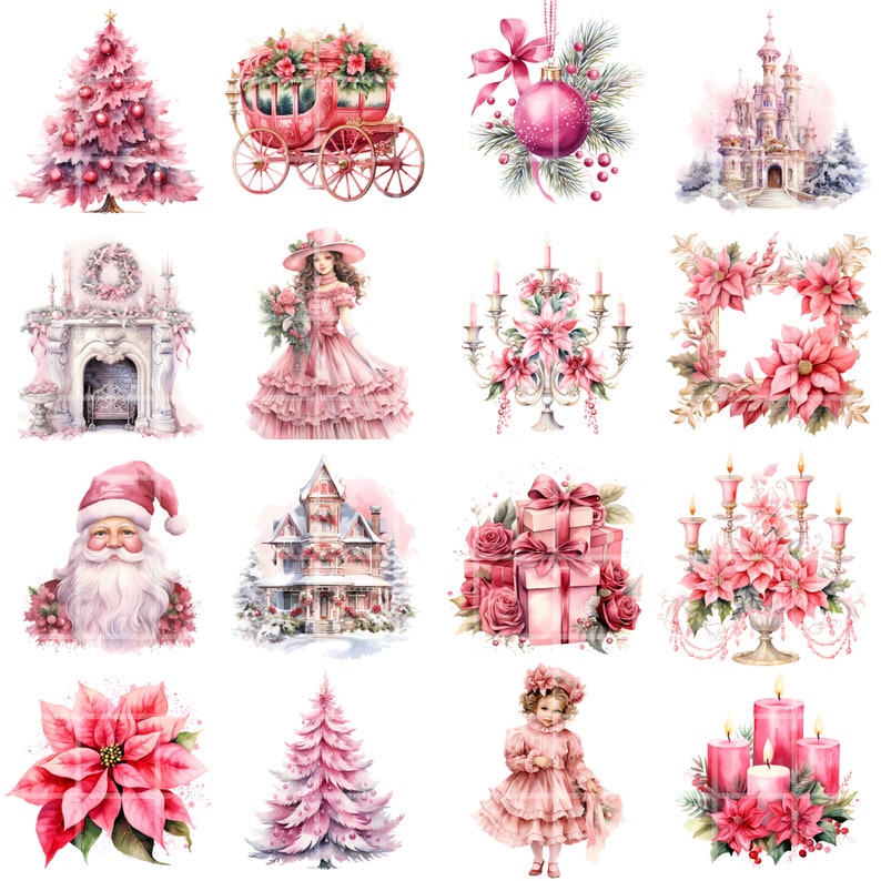 May include: A collection of 12 watercolour illustrations featuring pink and white Christmas decorations, including a Christmas tree, a carriage, a fireplace, a house, a poinsettia, a candelabra, a castle, a girl, a Father Christmas, and candles.