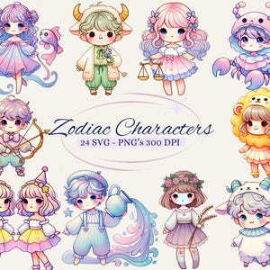 Conjunto de imágenes prediseñadas de personajes de los signos del zodíaco para proyectos creativos, signos astrológicos del zodíaco, ilustraciones lindas, creación de tarjetas, álbumes de recortes, PNG y SVG