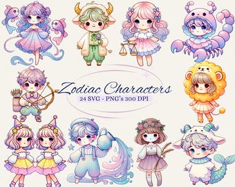 May include: A set of 12 colorful cartoon illustrations of zodiac characters. Each character is depicted in a cute, anime style and is wearing a costume representing their zodiac sign. The characters are arranged in a grid pattern on a white background. The text "Zodiac Characters" and "24 SVG - PNG's 300 DPI" is displayed below the characters.