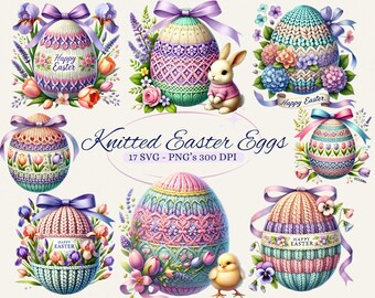 May include: A set of 17 digital illustrations of knitted Easter eggs with floral embellishments. The eggs are in various colors, including pink, blue, and green, and feature intricate knit patterns. The text "Happy Easter" appears on some of the eggs.