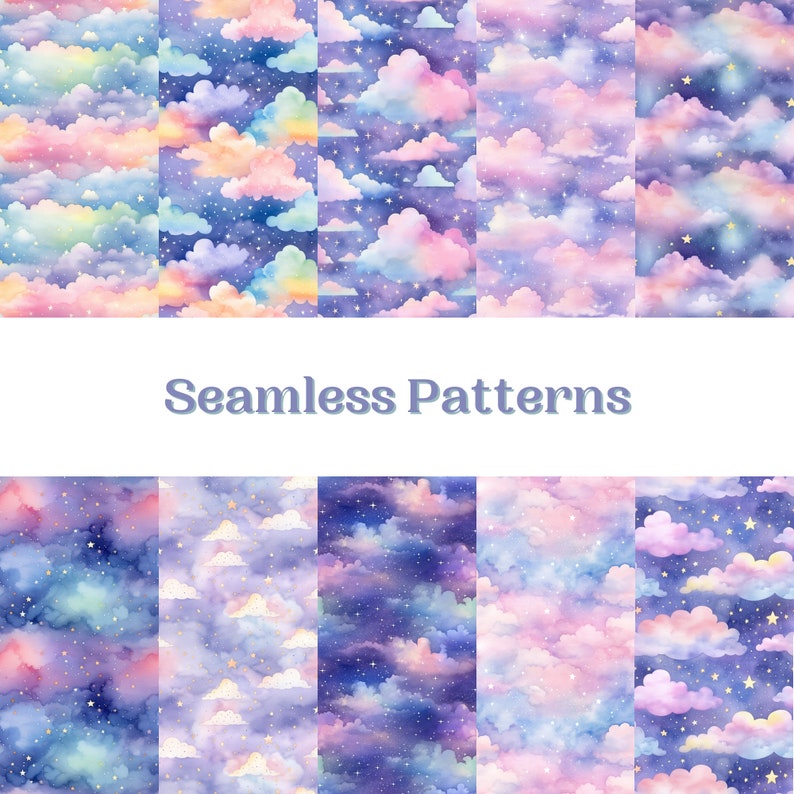 May include: A set of eight seamless patterns featuring watercolor clouds and stars in shades of pink, purple, and blue. The patterns are perfect for creating backgrounds, wrapping paper, or fabric designs.