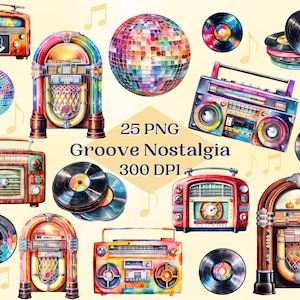 Groove Nostalgie Clipart für kreatives Projekt, Vintage Musik, Retro Vibes, digitale Ephemera, Sublimation, Scrapbooking, Collage, Decoupage
