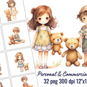 Ensemble de cliparts aquarelle ours en peluche garçon et fille, PNG, fond Transparent joyeux récréation, enfance, fabrication de cartes, scrapbooking, collage